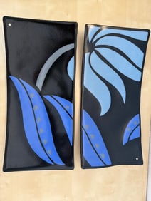 Black Rectangular Decorative Plates with Blue Leaf Motif