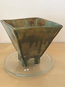 Vintage Green Glazed Ceramic Footed Square Bowl