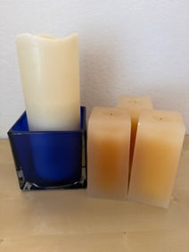 Wax Candles with Blue Glass Holder
