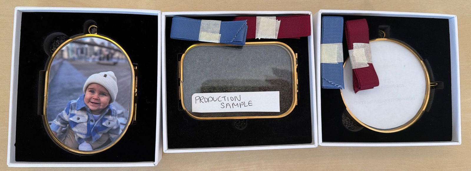 Set of 3 Gold-Tone Circular Photo Frames with Ribbon Bars and Extra Frame: A vintage circular photo frame with a gold-tone finish featuring a display of a photo, accompanied by two matching ribbon bars and an additional circular frame compartment. The frame includes a hook f