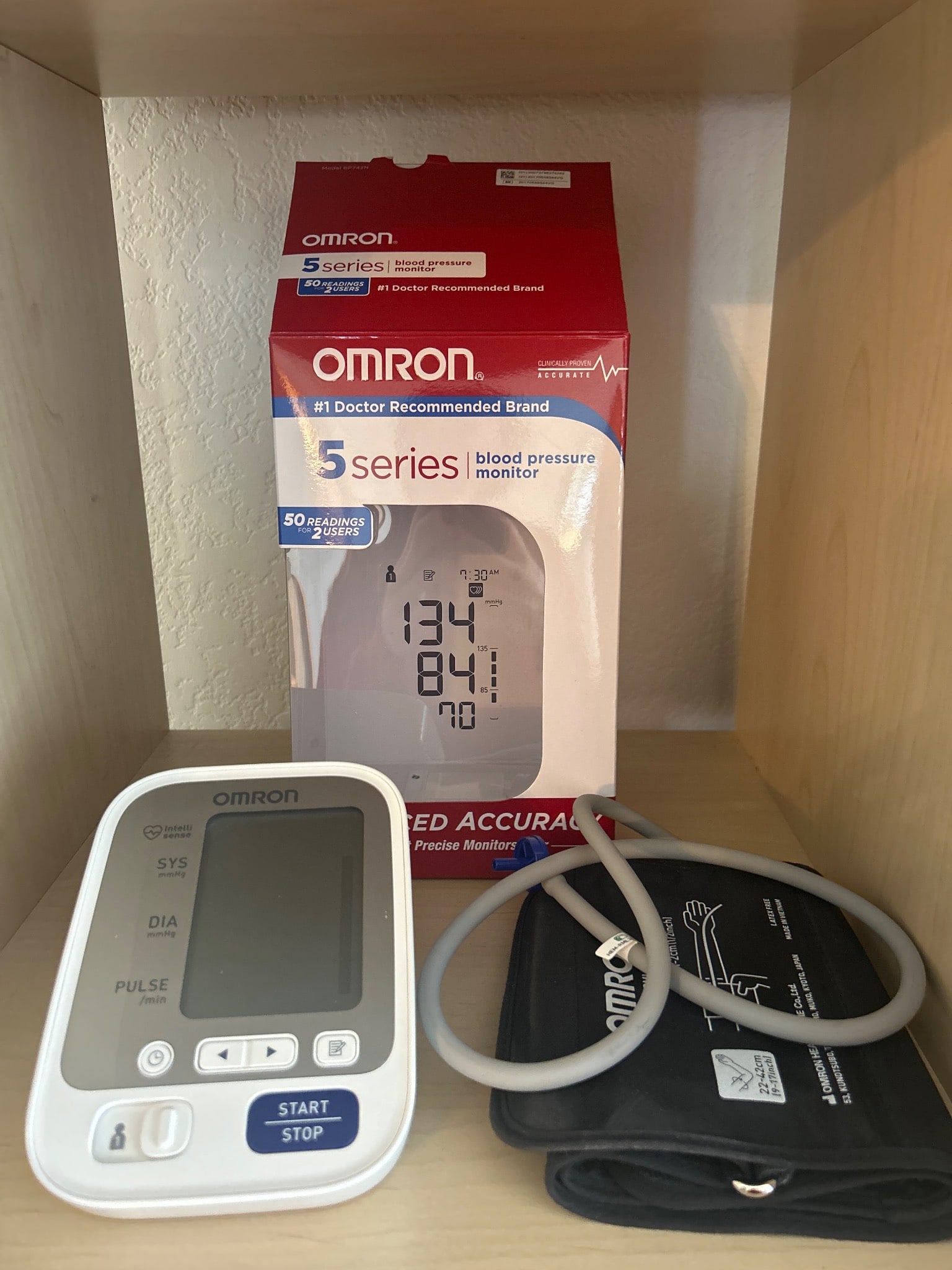 Omron 5 Series Blood Pressure Monitor with Cuff and Accessories: Omron 5 Series Blood Pressure Monitor, model BP7200, includes an adjustable wide-range cuff and supports two user profiles with memory storage for up to 100 readings. Features advanced accuracy and ir