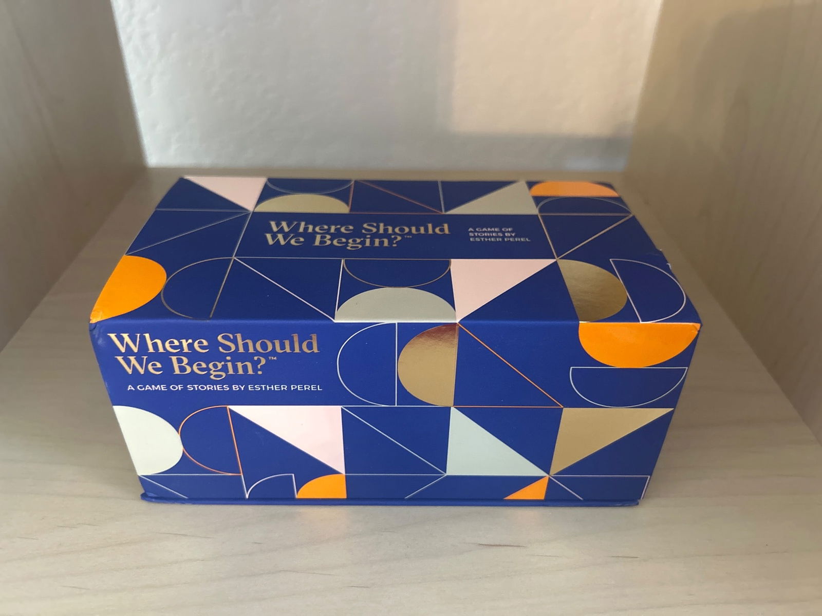 Where Should We Begin â€“ A Card Game of Stories by Esther Perel: Where Should We Begin is a card game of stories, designed by Esther Perel. The set includes a deck of cards contained in a sturdy, vividly-colored box with geometric patterns. The box features a magne
