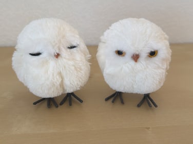 Two White Plush Owl Figurines With Metal Legs