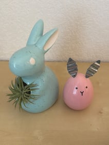 Two Ceramic Bunny and Egg Figures with Metal Ears