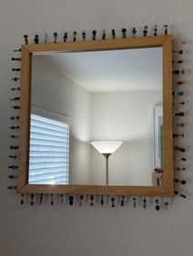 Square Wall Mirror with Wooden Frame and Colorful Bead Enclosures