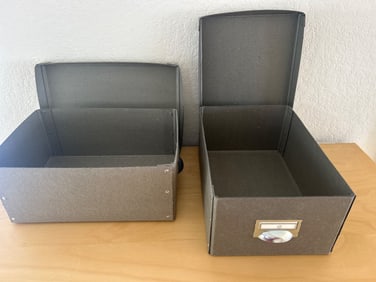 Gray Storage Boxes With Metal Label Holders and Handles