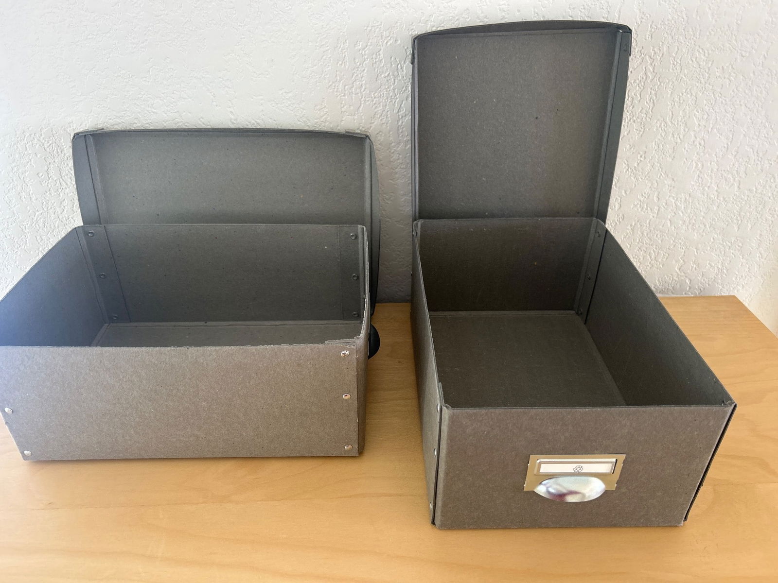 Gray Storage Boxes With Metal Label Holders and Handles (1 of 3)