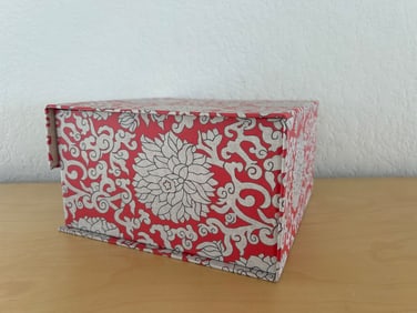 Red and White Floral Decorative Box with Hinged Lid