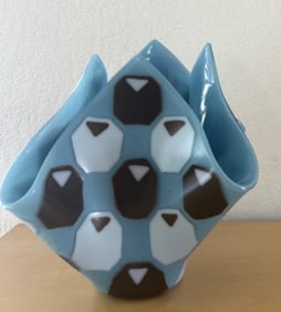 Hand Made Blue Folded Art Glass Vase with Geometric Pattern