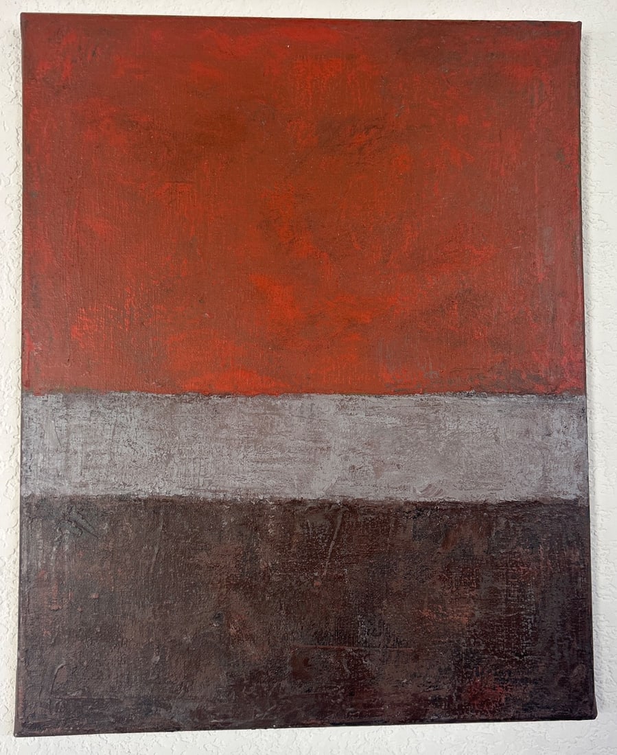 Vintage Abstract Minimalist Painting with Red and Brown Tones: Abstract minimalist painting featuring a bold red upper section, a neutral white horizontal division, and a brown lower section. The work is created on canvas with a wooden frame. The reverse side sho