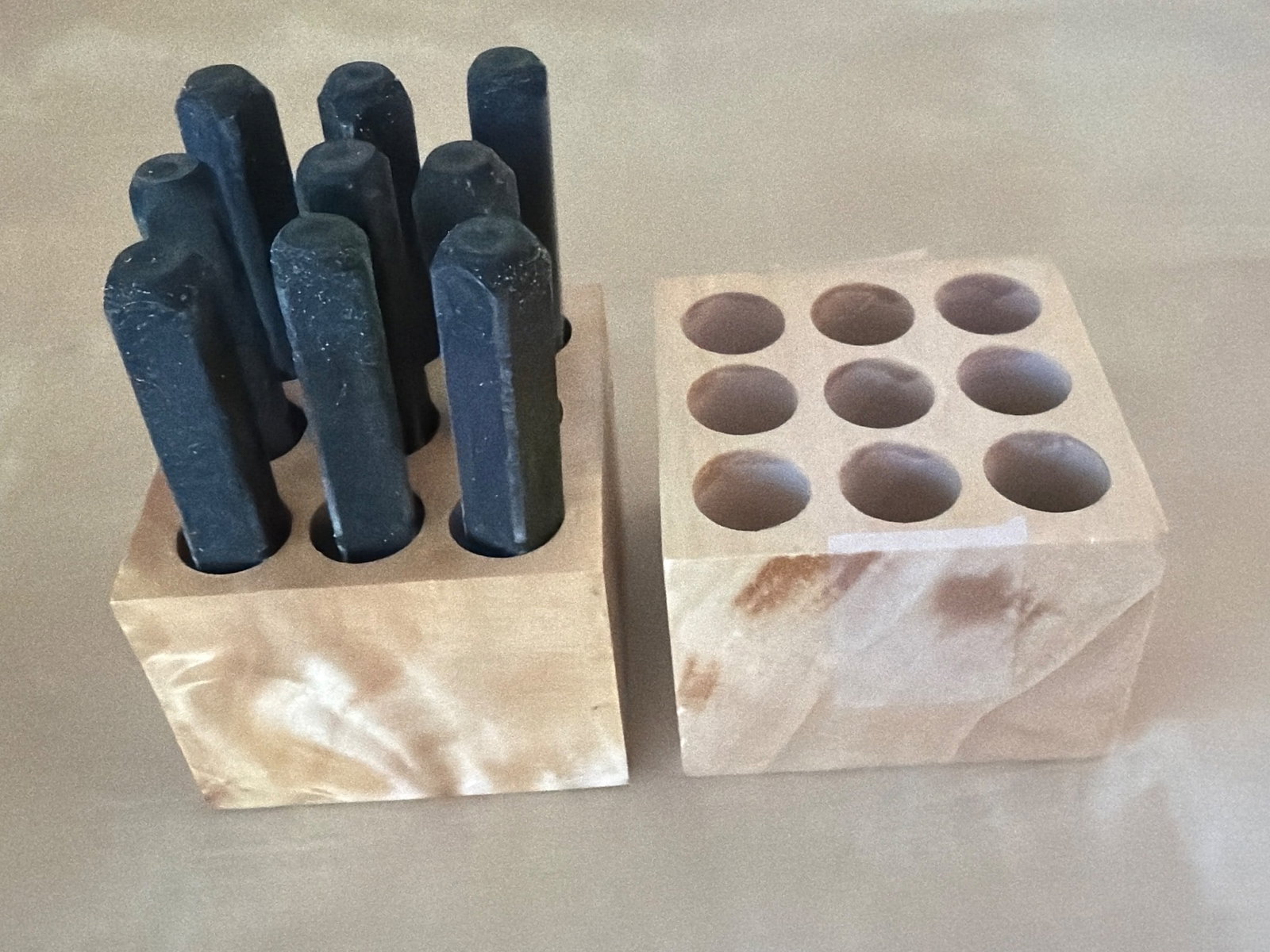 Vintage Metal Punch Set with Wooden Holder â€“ 5.0mm Size: Vintage set of metal punches measuring 5.0mm (3/16'') in size, stored in two wooden holders. The punches are constructed of durable black metal and fit snugly into the wooden blocks for easy storage a