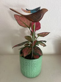Decorative Potted Plant with Handcrafted Wooden Bird Topper