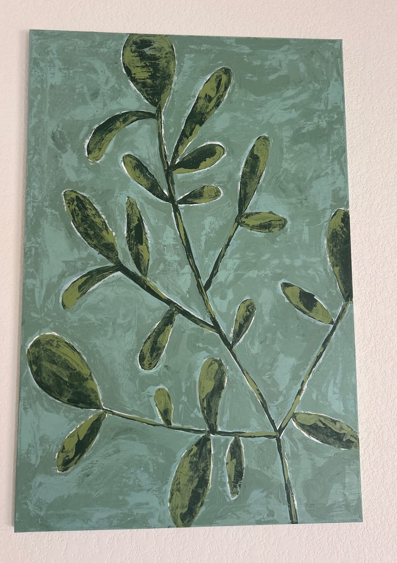 Botanical-Themed Artwork on Canvas: Botanical-themed artwork on a stretched canvas featuring green foliage painted against a textured green background. The reverse side shows a sturdy wooden frame supporting the canvas. This decorative 