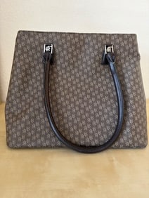 Vintage Beige and Brown Designer Handbag With Monogram Print