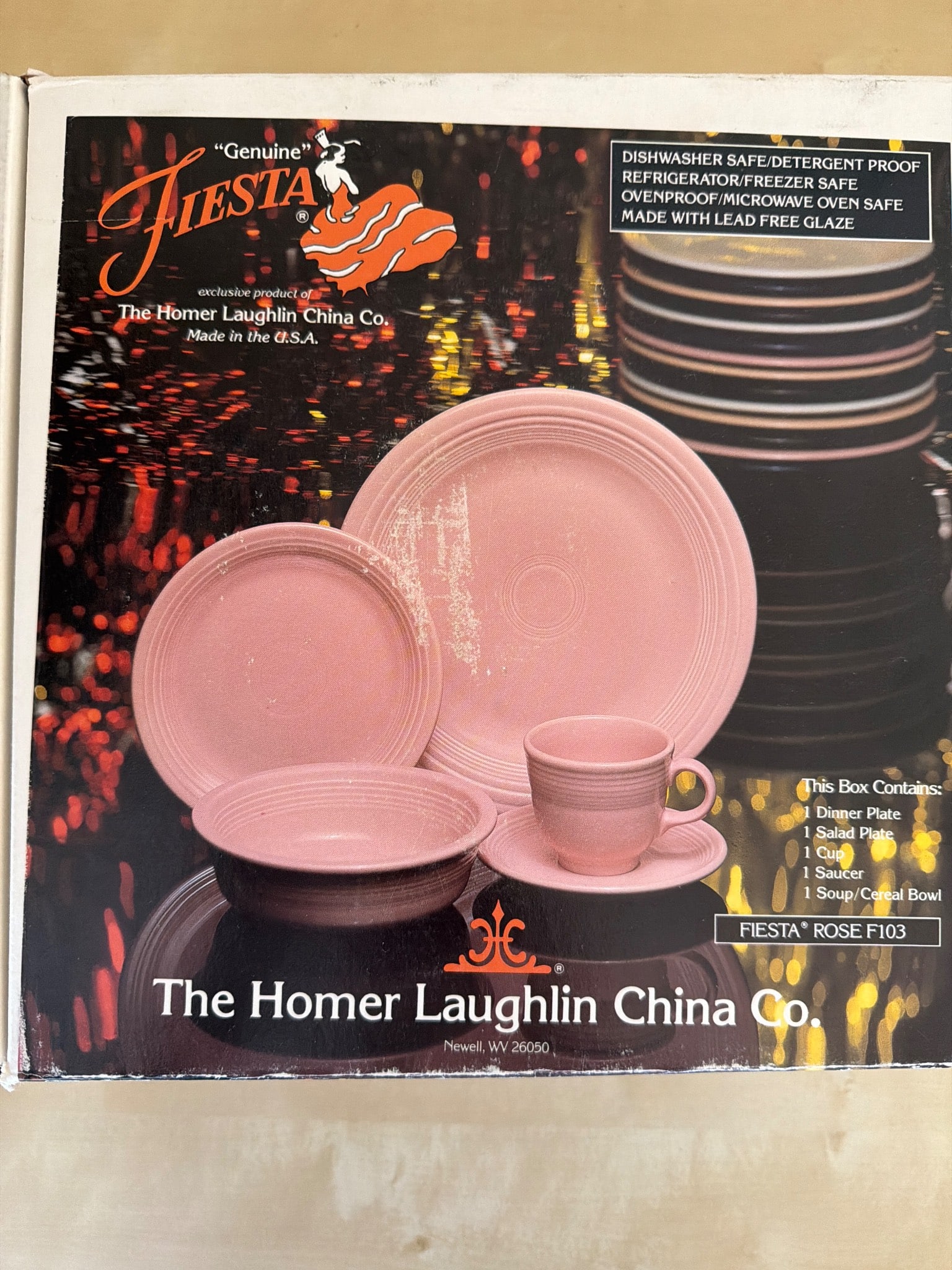 Vintage Homer Laughlin Fiesta Dinnerware Set in Rose F103: Genuine Fiesta dinnerware set by The Homer Laughlin China Co. in the Rose F103 color. Set includes one dinner plate, one salad plate, one cup, one saucer, and one soup/cereal bowl. The items are dishw