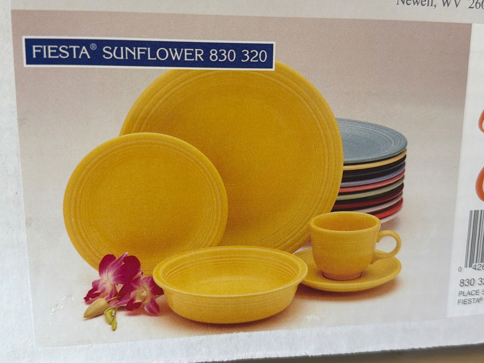 Vintage Fiesta Sunflower Dinnerware Set Missing Teacup: Vintage Fiesta Sunflower Dinnerware Set by The Homer Laughlin China Co., made in the USA. Includes one plate, one bowl, one saucer. The set is noted as missing one teacup. Dishwasher safe and ovenproo