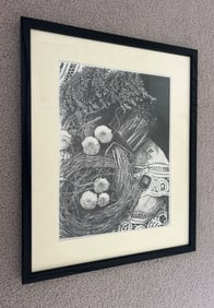 Framed Black-and-White Artwork Depicting a Bird’s Nest