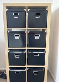 Wooden Storage Shelf Unit with Eight Black Storage Boxes