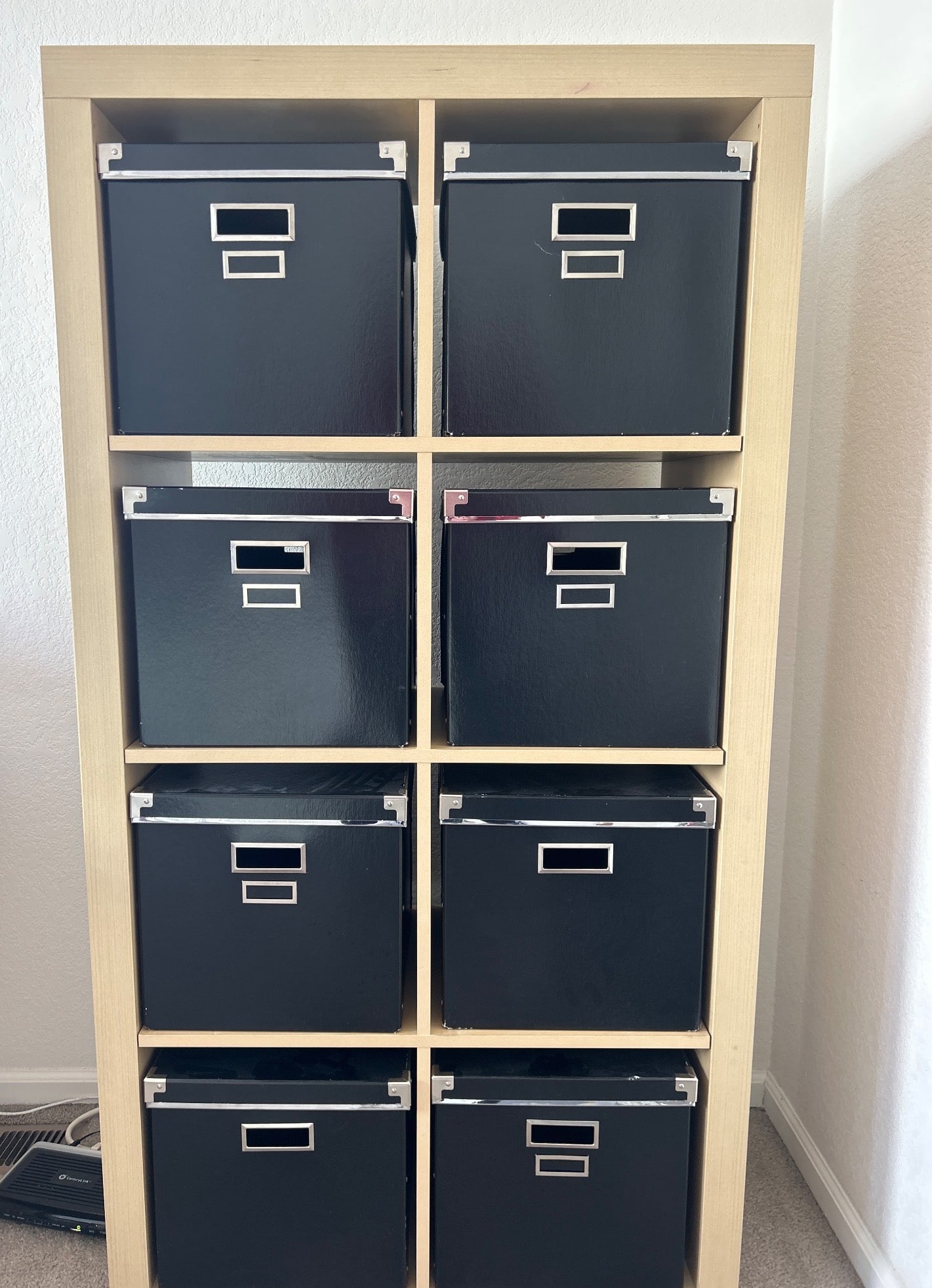 Wooden Storage Shelf Unit with Eight Black Storage Boxes (1 of 3)