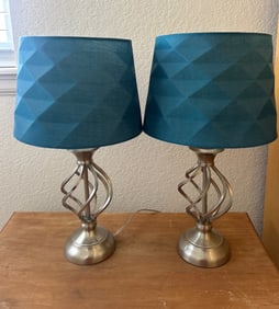 Silver Table Lamps with Teal Geometric Shades