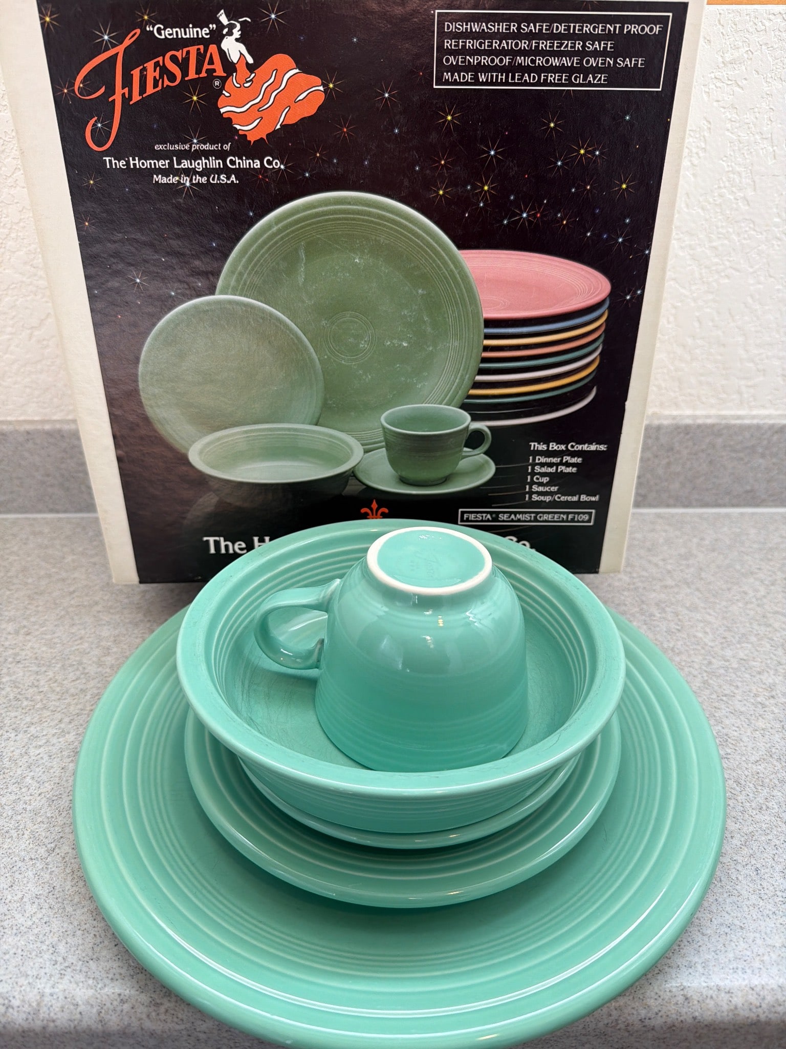 Vintage Homer Laughlin Fiesta Seamist Green Dinnerware Set: Vintage Homer Laughlin Fiesta dinnerware set in Seamist Green (F109). Set includes one dinner plate, one salad plate, one soup.cereal bowl, one teacup, and one saucer. Made in the USA and noted as dis