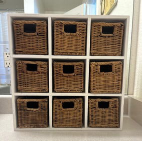 White Organizer with Nine Wicker Baskets
