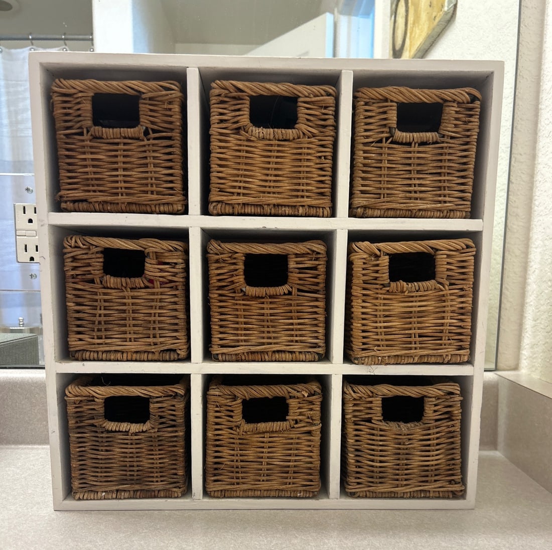 White Organizer with Nine Wicker Baskets (1 of 3)