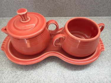 Vintage Fiesta Covered Sugar Cream and Tray Set in Persimmon
