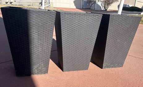 Three Black Wicker-Style Planter Pots with Square Tapered Design