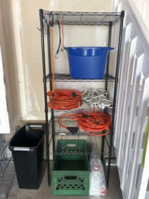 Metal Shelving Unit with Assorted Household Items and Tools