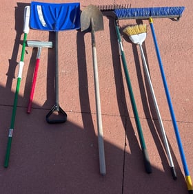 Yard and Garden Tools, Including Shovel, Rakes, and Broom