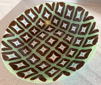 Vintage Green Ceramic Bowl With Brown Geometric Pattern