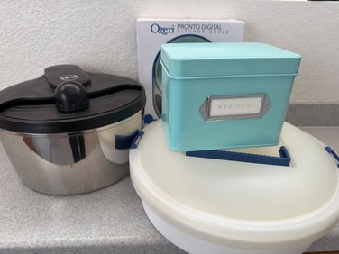 Kitchen Lot Featuring Recipe Box, Ozeri Scale, and Cookware