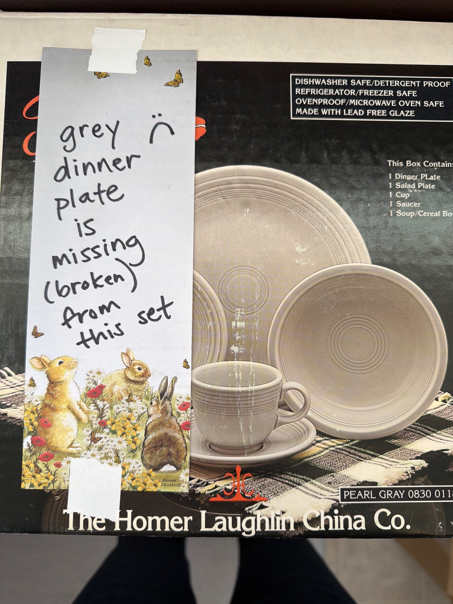 Homer Laughlin China Co. Gray Dinnerware Set (Incomplete): Homer Laughlin China Co. is pearl gray color. This set is incomplete, with the gray dinner plate missing (broken). Dishwasher-safe, detergent-proof, and microwave/oven safe with a lead-free glaze. Dim