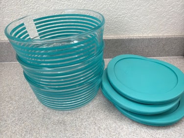 Pyrex Glass Bowls With Lids Featuring Teal Stripes- chip on one