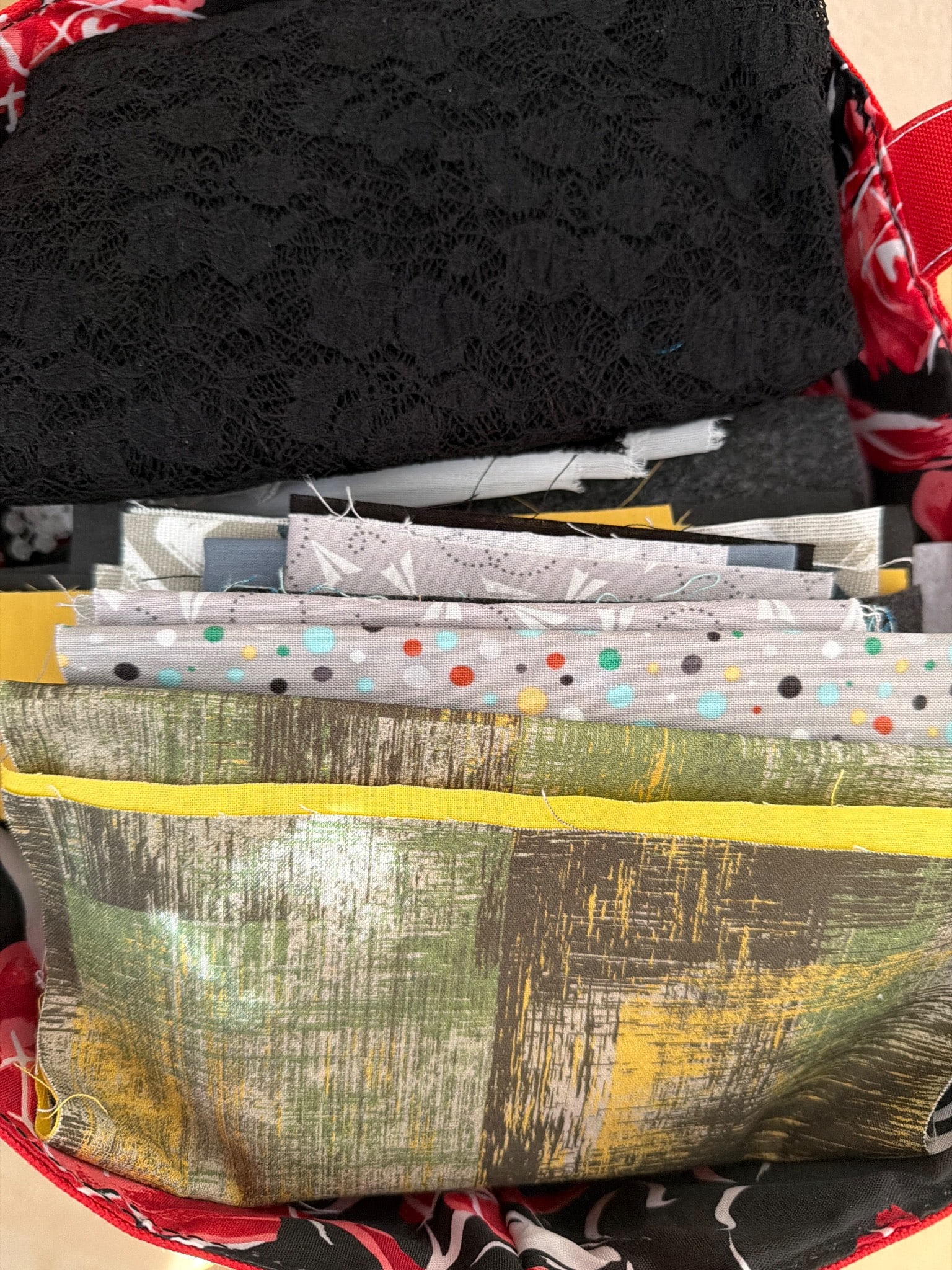 Fabric Remnants in Various Patterns and Textures: Fabric remnants featuring a variety of textures and patterns including lace, geometric, polka dots, and abstract designs. Includes multiple colors and sizes suitable for crafting or sewing projects. T