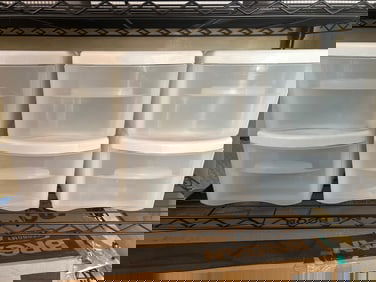 Six Stackable Plastic Storage Drawers with White Lids