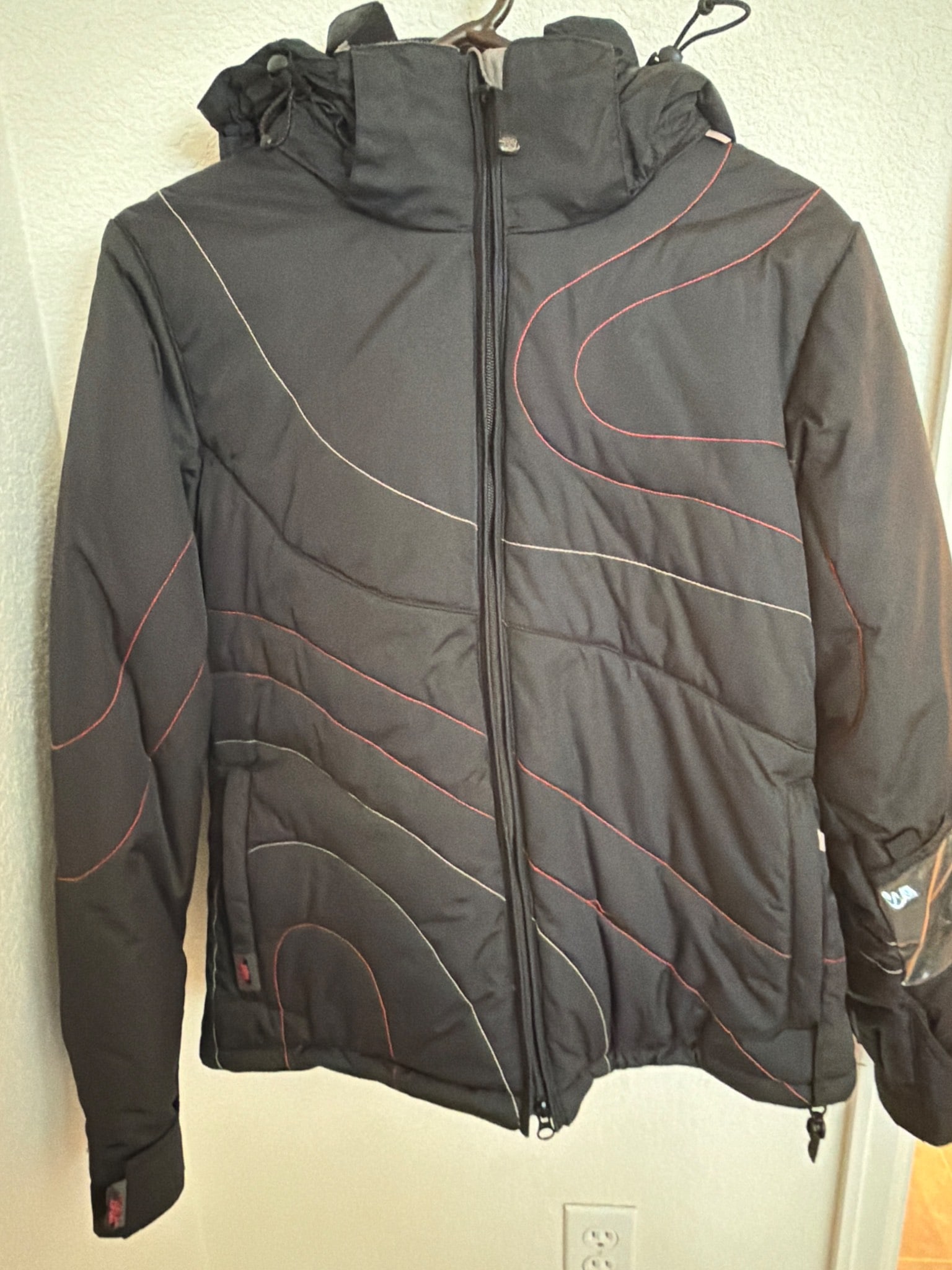 Roxy Women's Black Quilted Jacket with Red Stitching, Size M (1 of 2)