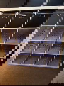 Ikea Wooden Storage Cubby Unit With Black and Clear Storage Bins