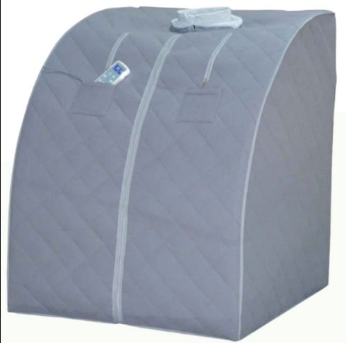 Synergy Science Portable Infrared Sauna With Operating Manual: Synergy Science portable infrared sauna featuring quilted fabric construction, dual pockets, and a zippered opening for user comfort and convenience. Includes the owner's operating manual. Designed fo