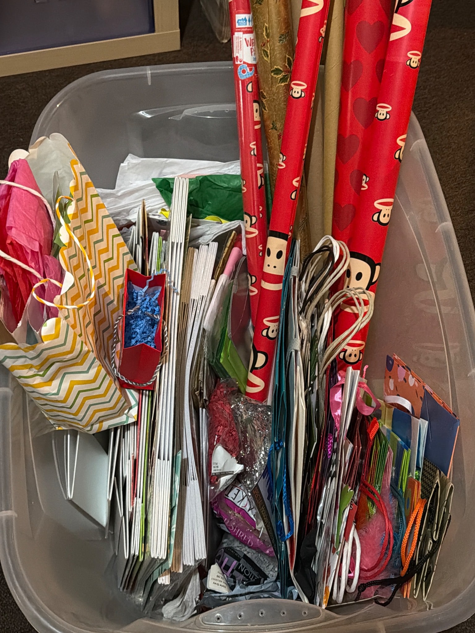 Gift Bags and Wrapping Paper in Large Plastic Storage Bin (1 of 1)