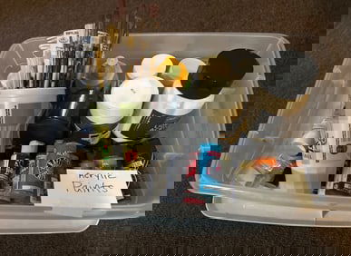 Acrylic Paints and Brushes in Plastic Storage Container