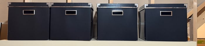 Four Black Metal Storage Boxes With Lids and Label Holders