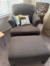 Gray Armchair with Ottoman and Decorative Nailhead Trim