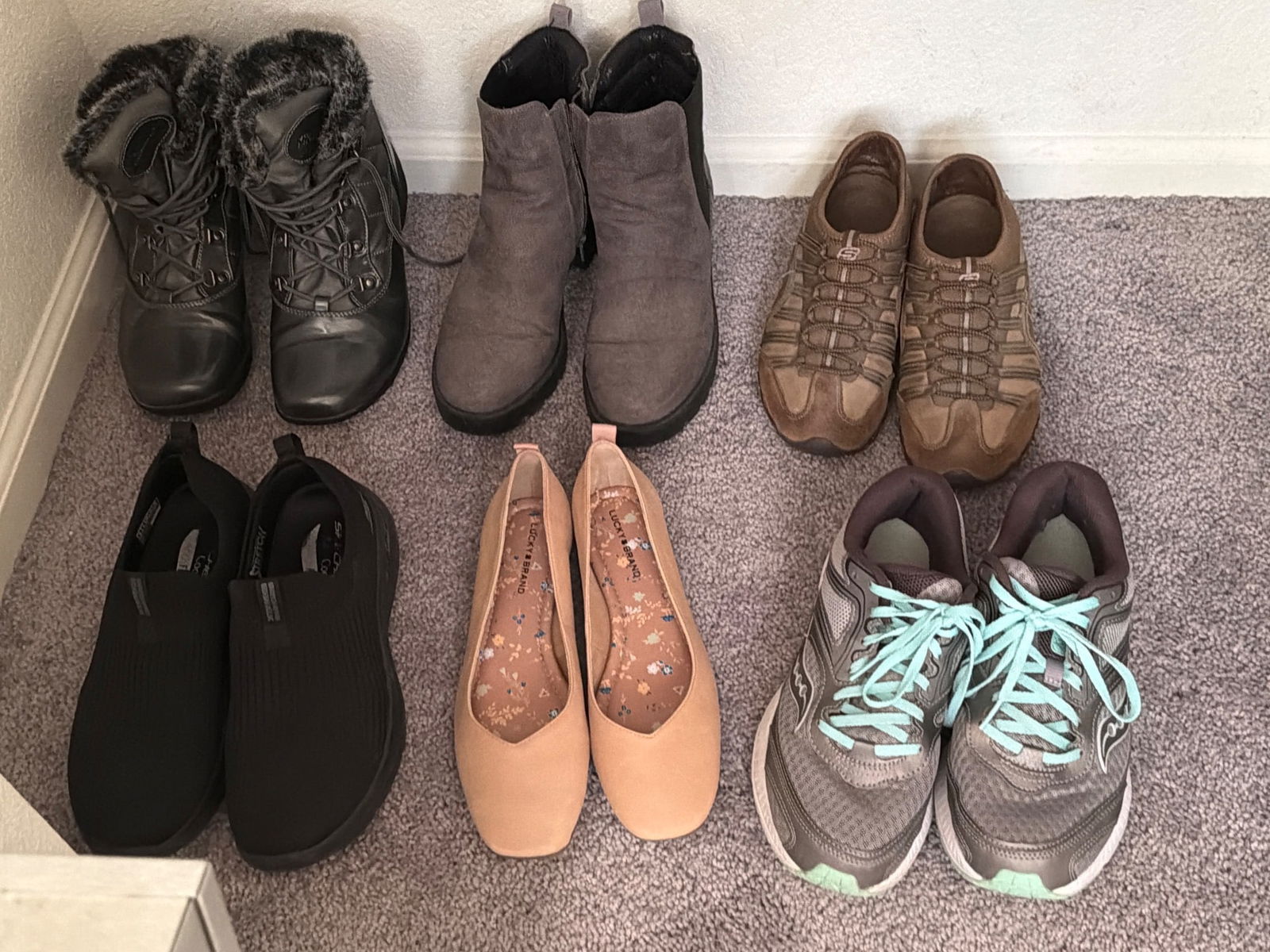 Women's Shoes, Size 8, Various Brands Including Lucky Brand: Six pairs of women's shoes in size 8, featuring various styles and brands. Included are tan flats by Lucky Brand with floral interior detailing, athletic shoes with teal laces, brown casual shoes, gra