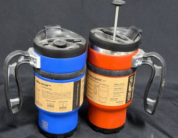 BruTrek Double Shot French Press Mugs, Blue and Red, 16 oz Each