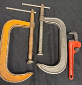 Two Vintage Adjustable C-Clamps and Pipe Wrench