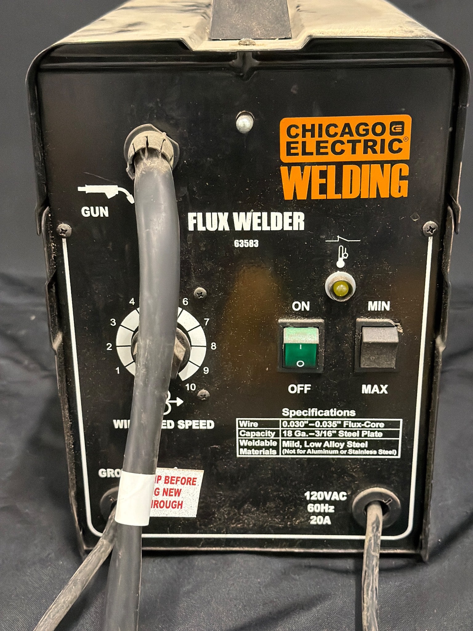 Chicago Electric Flux Welder, 120V, 60Hz, 20A: Chicago Electric flux welder designed for up to 120V power supply and operating at 60Hz and 20A. The unit features adjustable wire speed, on/off toggle switch, and carries specifications for use with 