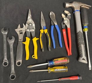 Hand Tools Including Hammer, Screwdrivers, and Pliers