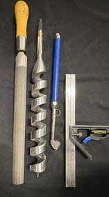 Hand Tools Including File, Auger Bit, Glass Cutter, and Combination Square